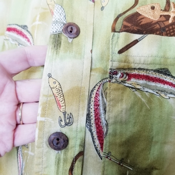 Homemade novelty print‎ Fishing embroidery mens button up shirt chest pocket L - Picture 3 of 9